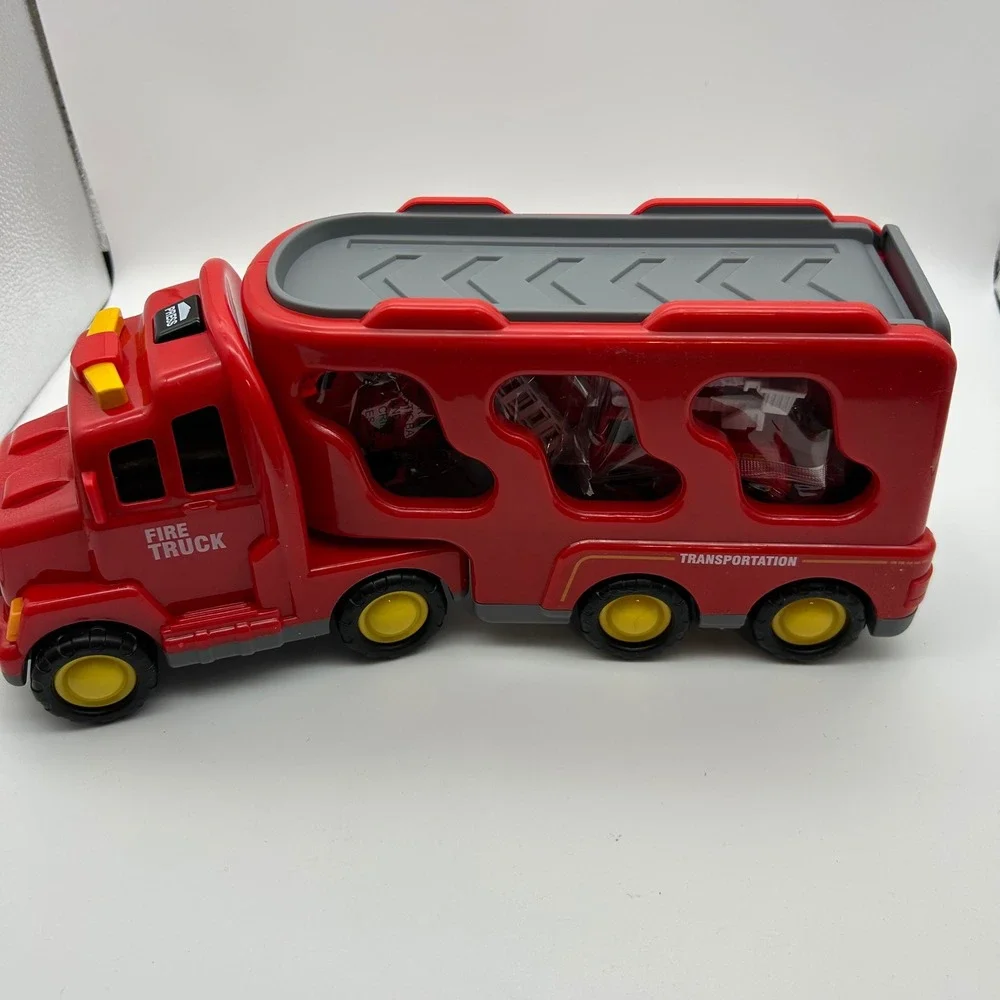 iHaHa Fire Truck Pull Back Car Series Toy Transporter Truck with 4 Mini Fire Veh